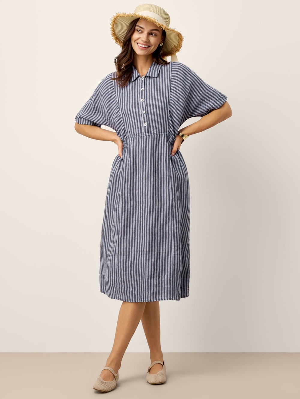 Lintico - Cassandra 100% Linen Striped Midi Shirt Dress - Picture 2 of 3